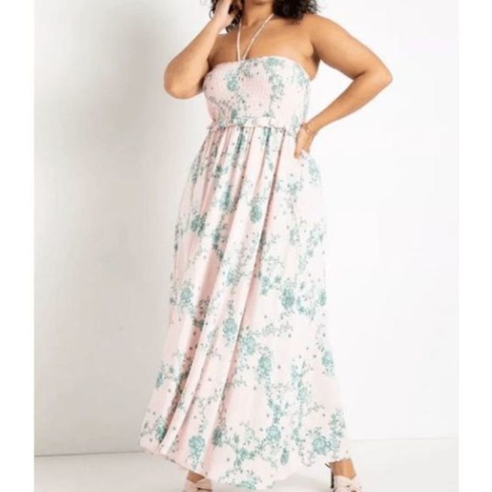Eloquii Pink Floral Smocked Maxi Dress‎